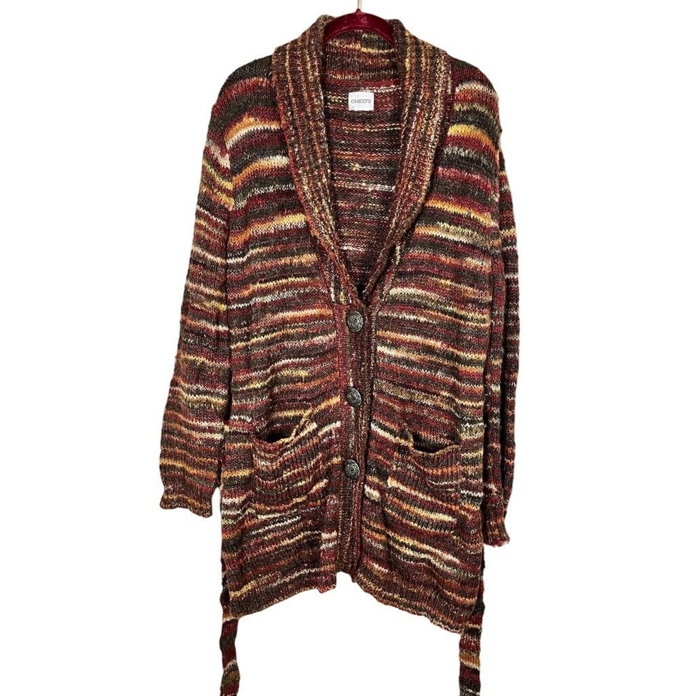 Chicos Striped Cardigan M‎ Brown Textured Boho Western Indie Folk Hippie Prairie
